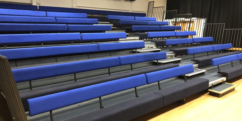 school blue benches in a hall