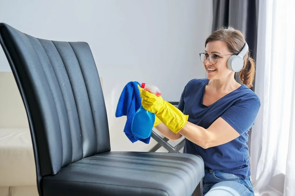 Home cleaning, woman in headphones and gloves with rag washing leather chair